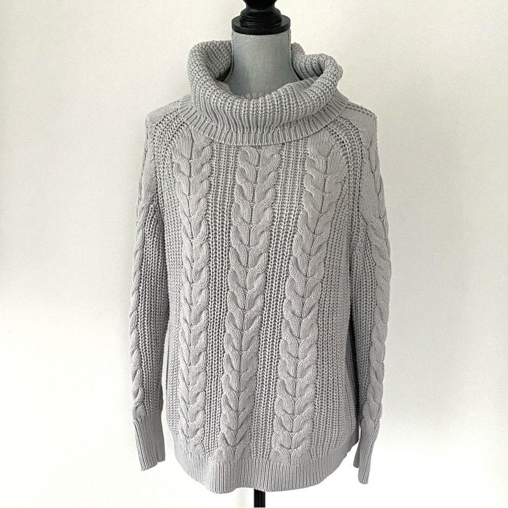 Haven Cozy Chunky Gray Cable Knit Cowl Neck Sweater Oversized Medium Fisherman